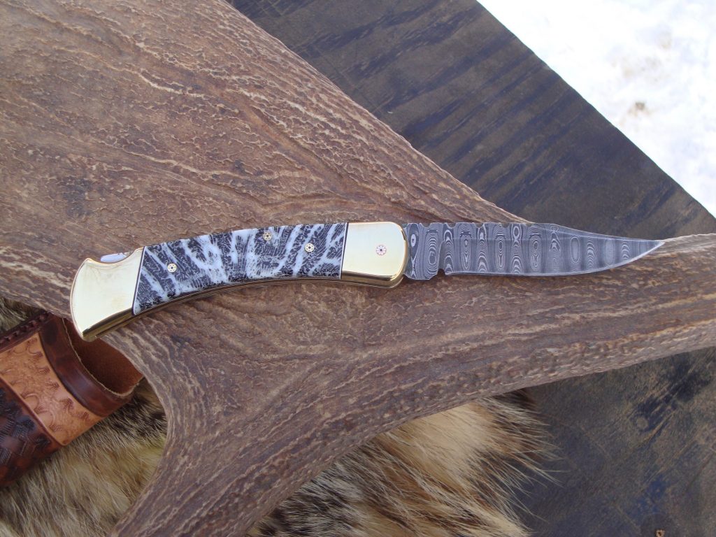 Custom Buck 110 Damascus blade fossil coral handle pocket knife full ...